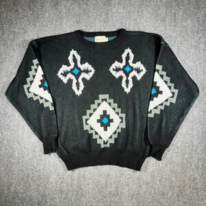 Vintage 90s St John's Bay Aztec Knit Sweater Large Tall Black